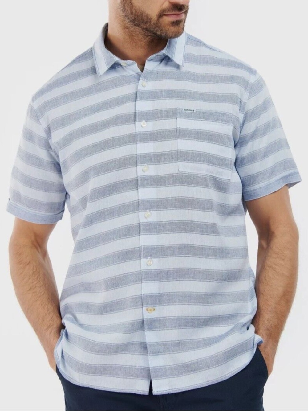 Barbour Somerby linen blend short sleeve button down shirt. Size small-medium.
